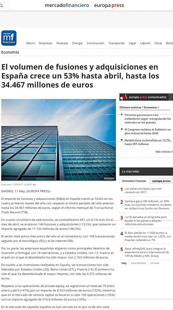 El volumen de fusiones y adquisiciones en Espaa crece un 53% hasta abril, hasta los 34.467 millones de euros